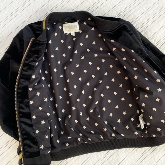 Girls Bomber Jacket In Black Velour & Gold Trim Star Lining By Gymboree size 14 - Picture 2 of 6